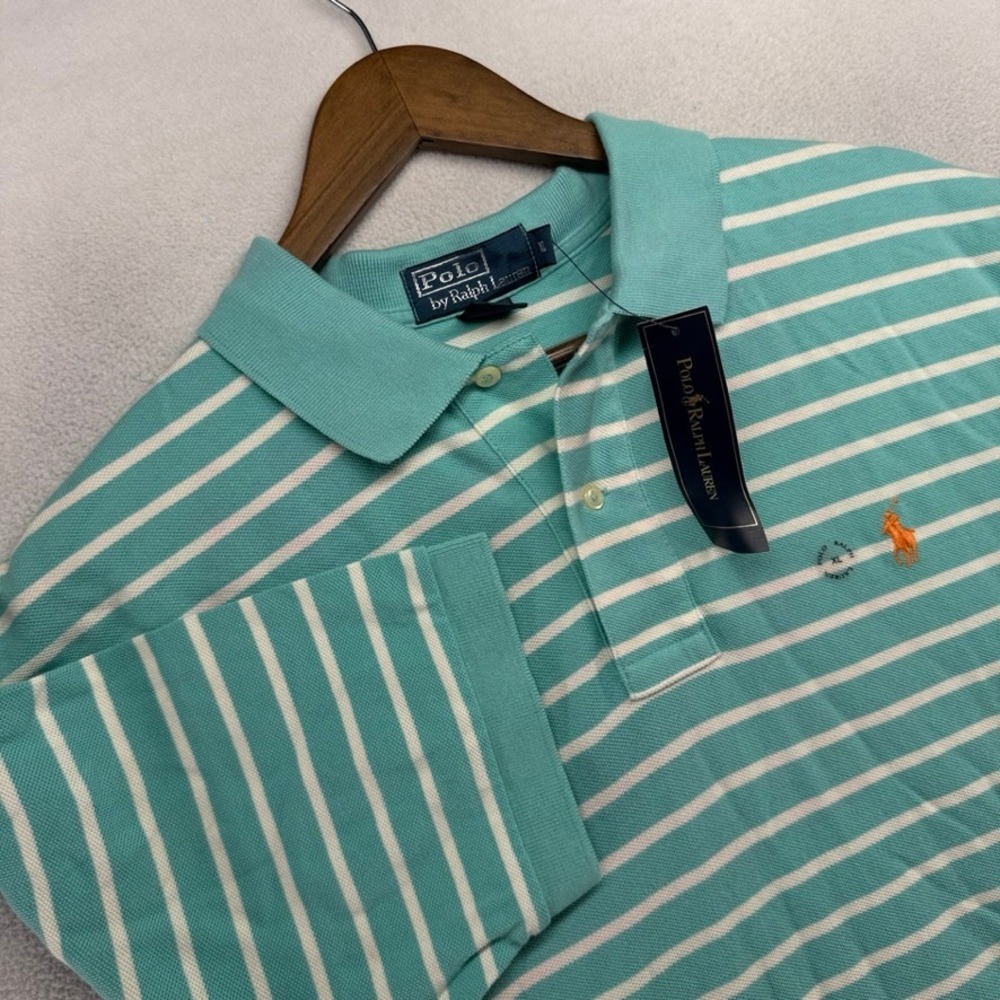 Vintage Ralph Lauren Polo Mens XL Teal Blue Striped Cotton Knit Pony Deadstock